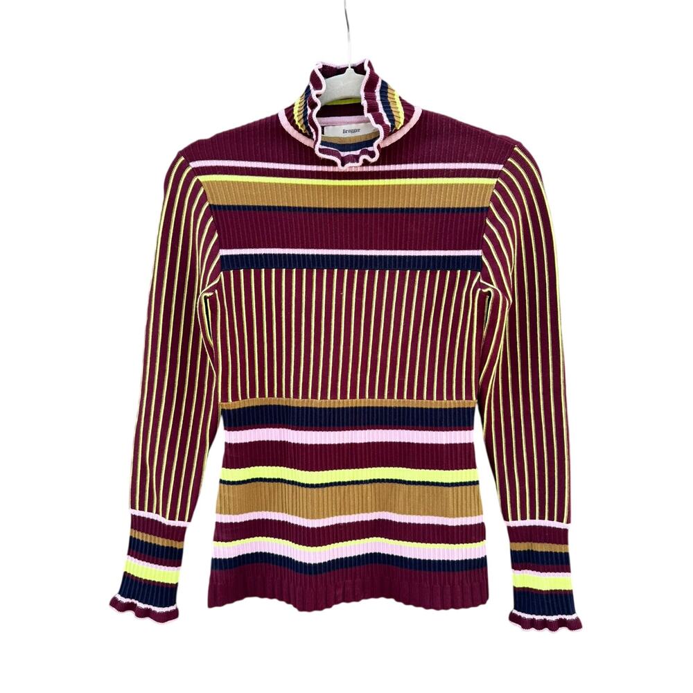 BROGGER Olivia Striped Frilled-Collar Stretch-Knit Top Extra Small XS